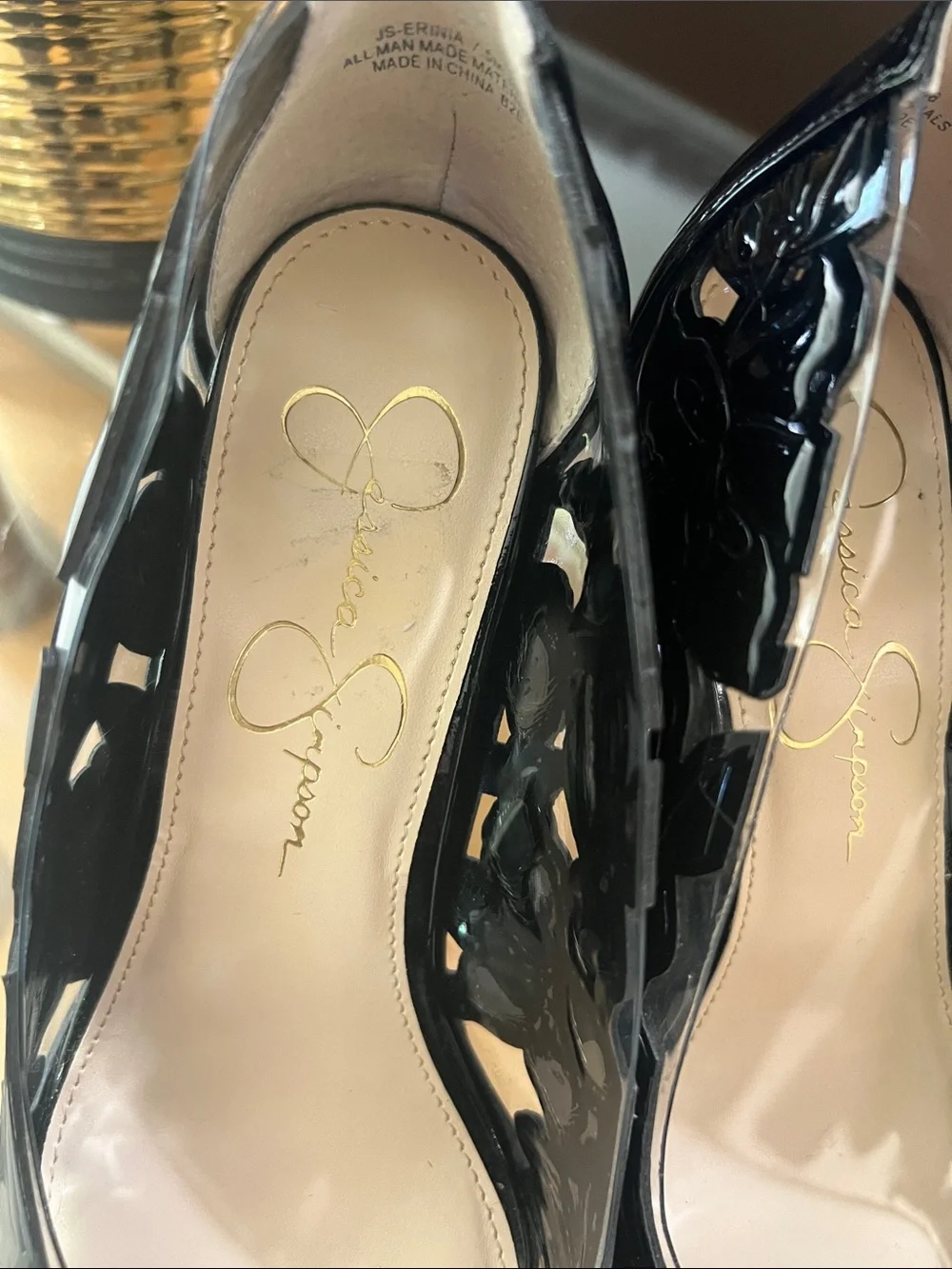 Jessica Simpson Black Patent Pointed Toe Pumps with Floral Embossing